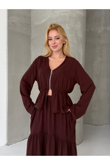 Viskon Kumaş Fermuar Detaylı Alt Üst Takım Kahve