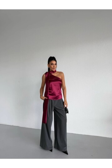 Yaka Detay Saten Bluz Bordo