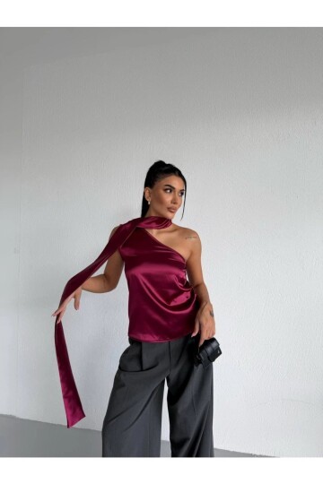 Yaka Detay Saten Bluz Bordo