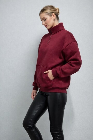 Yarım Fermuarlı 3 İplik Dik Yaka Oversize Sweatshirt