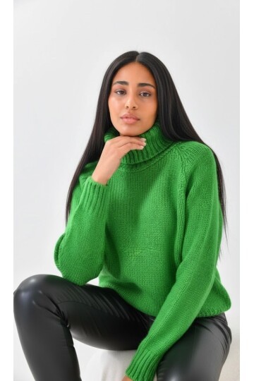 Yeşil Balıkçı Yaka Oversize Triko Kazak