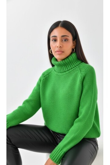 Yeşil Balıkçı Yaka Oversize Triko Kazak