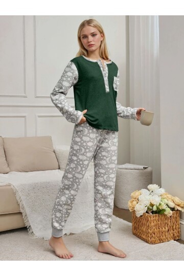Yeşil Üst Detaylı Gri Ay Desenli Süprem Kumaş Şardonlu Kadın Pijama Takımı