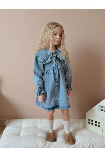 Yıkamalı Yaka Detay Kız Çocuk Elbise