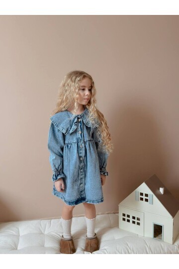 Yıkamalı Yaka Detay Kız Çocuk Elbise