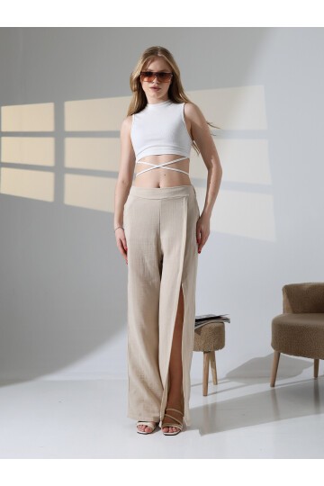 Yırtmaçlı Müslin Pantolon Bej