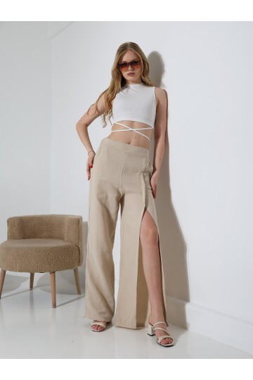 Yırtmaçlı Müslin Pantolon Bej