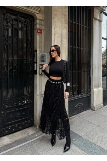 Yüksek Bel Dantel Detaylı Maxi Boy Etek