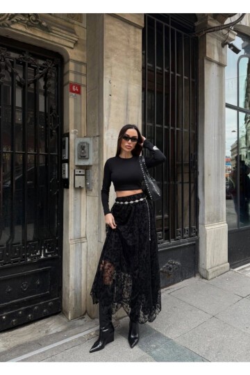 Yüksek Bel Dantel Detaylı Maxi Boy Etek