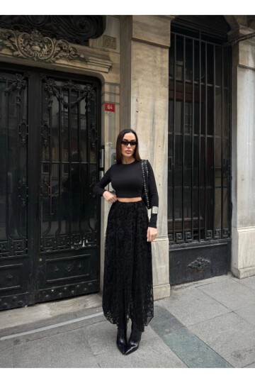 Yüksek Bel Dantel Detaylı Maxi Boy Etek