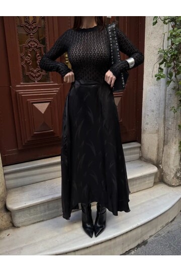 Yüksek Bel Desenli Saten Etek