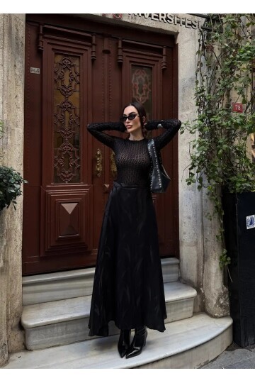 Yüksek Bel Desenli Saten Etek