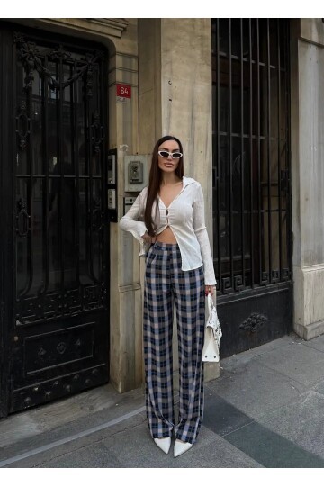 Yüksek Bel İspanyol Paça Ekose Pantolon