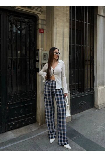 Yüksek Bel İspanyol Paça Ekose Pantolon
