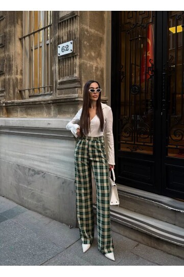 Yüksek Bel İspanyol Paça Ekose Pantolon