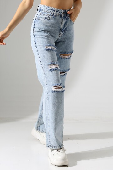 Yüksek Bel Yırtık Detaylı Mom Jean