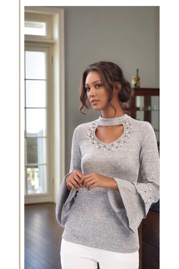 Yumuşak Yakası Kolu İncili Volanlı Bluz GRI