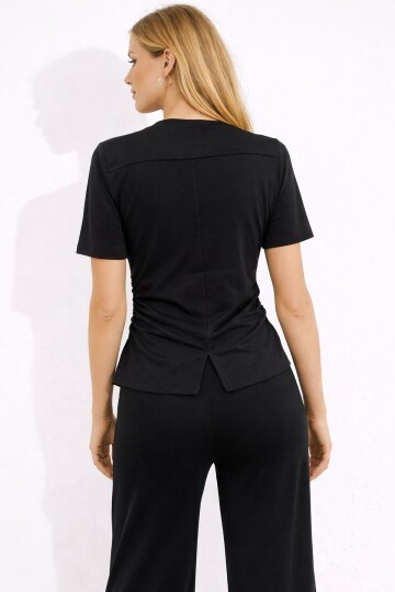 Siyah Modal Kumaş Kısa Kollu Pile Detaylı Eşofman Takımı