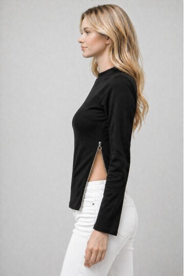 Siyah Dik Yaka Fermuar Detaylı Bluz – Yan Yırtmaçlı & Modern Fit