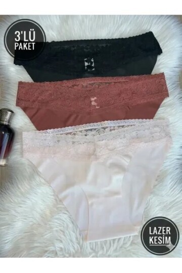 3lü Pamuklu Dantelli Dikişsiz Külot
