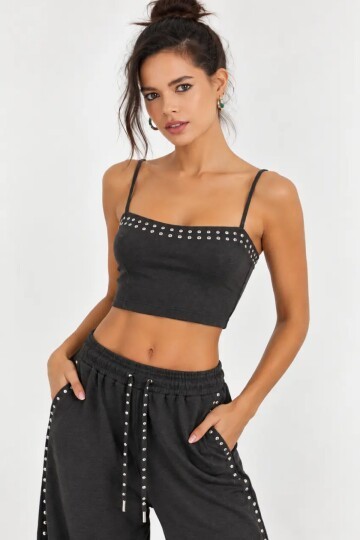 Antrasit Zımba İşlemeli Oversize Crop Hırka & İnce Askılı Atlet İkili Takım