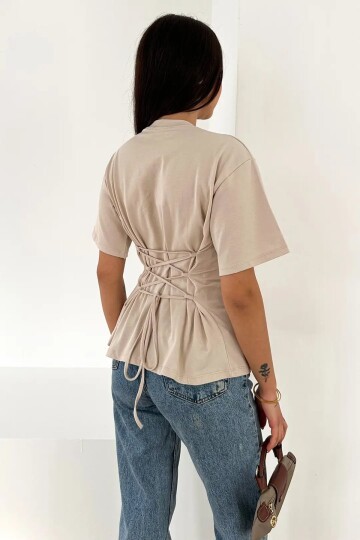Bağlama Detaylı Kısa Kollu Tişört Bej