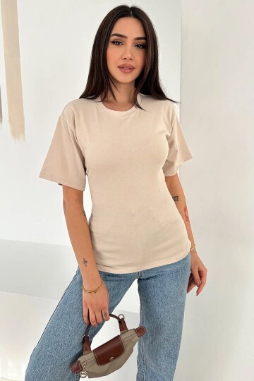 Bağlama Detaylı Kısa Kollu Tişört Bej