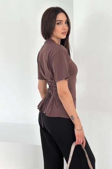 Bağlama Detaylı Kısa Kollu Tişört Kahverengi