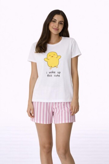 Baskılı Kısa Kollu Şortlu Pamuklu Pijama Takımı