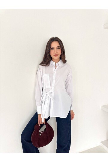Beyaz Bağlama Detaylı Oversize Gömlek – Modern Kesim Şık Kadın Gömlek