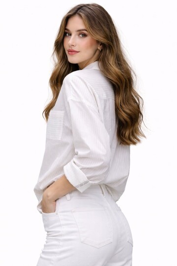 Beyaz Çizgili Jakar Kumaş Oversize Gömlek