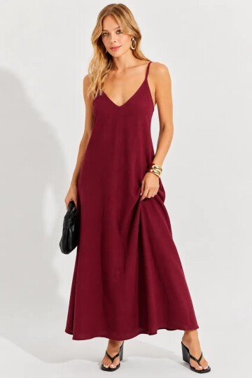 Bordo Askılı Salaş Maxi Elbise