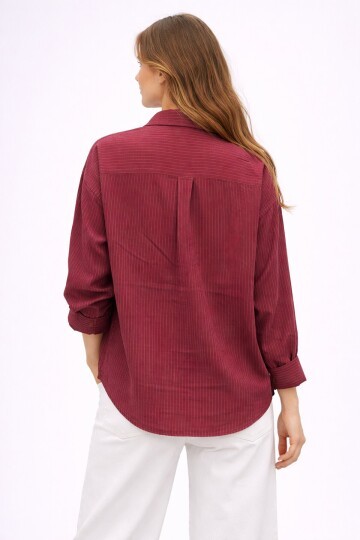 Bordo Çizgili Jakar Kumaş Oversize Gömlek