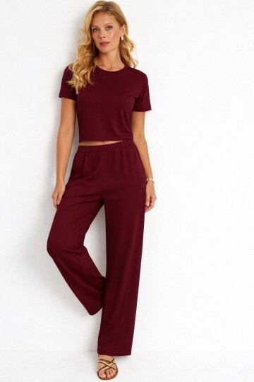 Bordo Modal Kumaş Crop Tişört & Yüksek Bel Bol Paça Takım