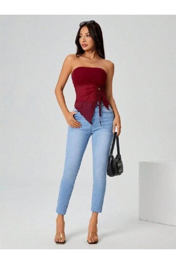 Bordo Straplez Tül Detaylı Büzgülü Crop Bluz