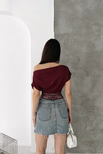 Bordo Tek Omuz Drapeli Dantel Detaylı Kadın Bluz