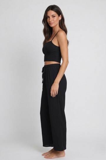Bürümcük Kumaş Lastikli Bel Salaş Pantolon – Siyah Rahat Kesim Günlük Şıklık