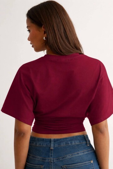 Dalgıç Kumaş Bele Oturan Bisiklet Yaka Geniş Kısa Kollu Bluz