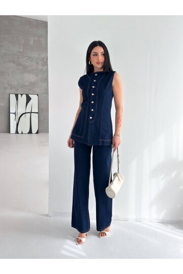 Düğme Detaylı Denim Yelek & Pantolon Takım – Lacivert