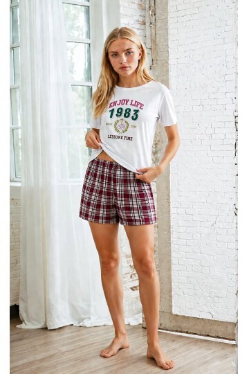 Ekose Desen T-Shirt  Şortlu Kadın Pijama Takımı