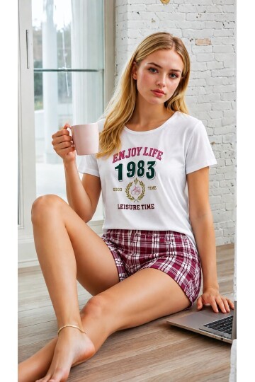 Ekose Desen T-Shirt  Şortlu Kadın Pijama Takımı