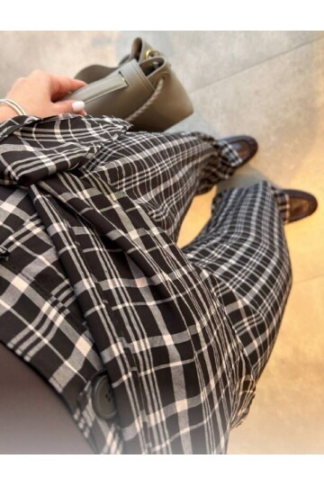 Ekose Desenli Bağlama Detaylı Yüksek Bel Pantolon – Şık & Rahat Kesim