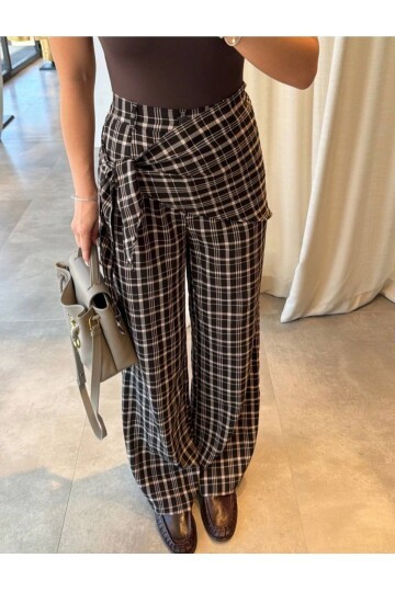 Ekose Desenli Bağlama Detaylı Yüksek Bel Pantolon – Şık & Rahat Kesim