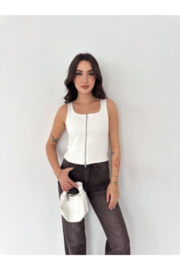 Fermuarlı Sıfır Kol Bluz Ekru