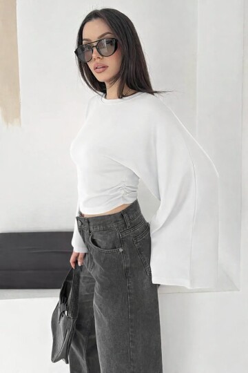 Geniş Kol Crop Bluz Beyaz