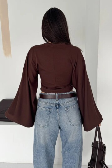 Geniş Kol Crop Bluz Kahverengi