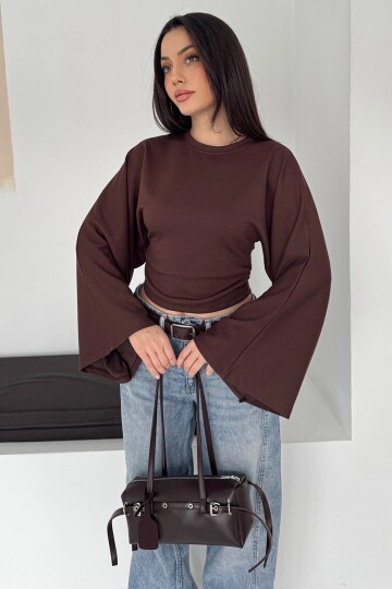 Geniş Kol Crop Bluz Kahverengi
