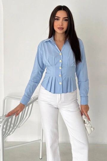 Gold Düğme Pile Detaylı Gömlek Mavi