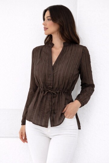 Hakim Yaka V Düğmeli Bluz Kahverengi