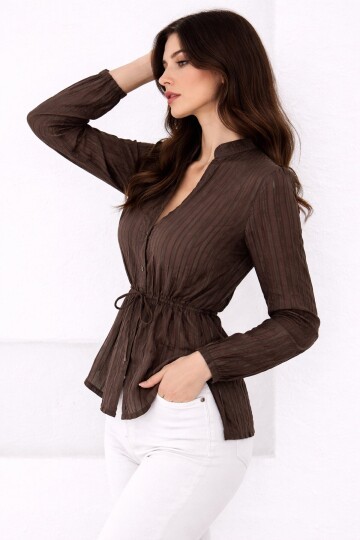 Hakim Yaka V Düğmeli Bluz Kahverengi